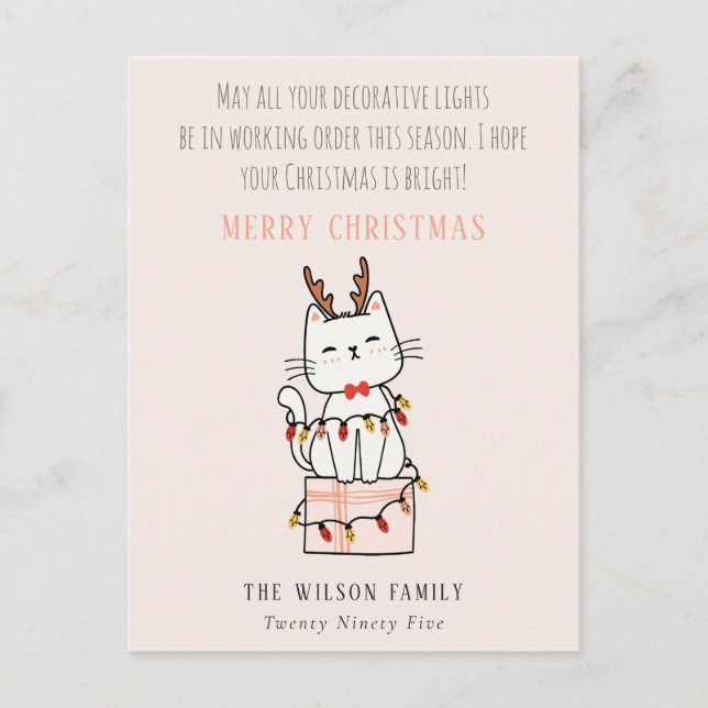 Funny Blush Tangled Working Christmas Lights Cat Holiday Postcard (Front)