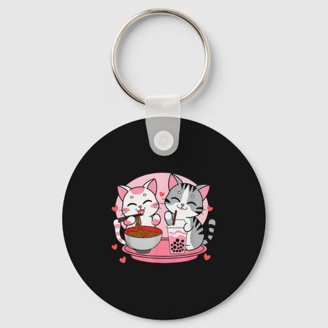 Funny Boba Ramen Cats Kawaii Anime Japan Cute Neko Key Ring (Front)