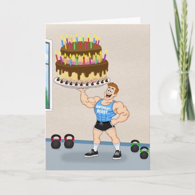 Funny Bodybuilder Birthday Cake Cartoon  Card (Front)
