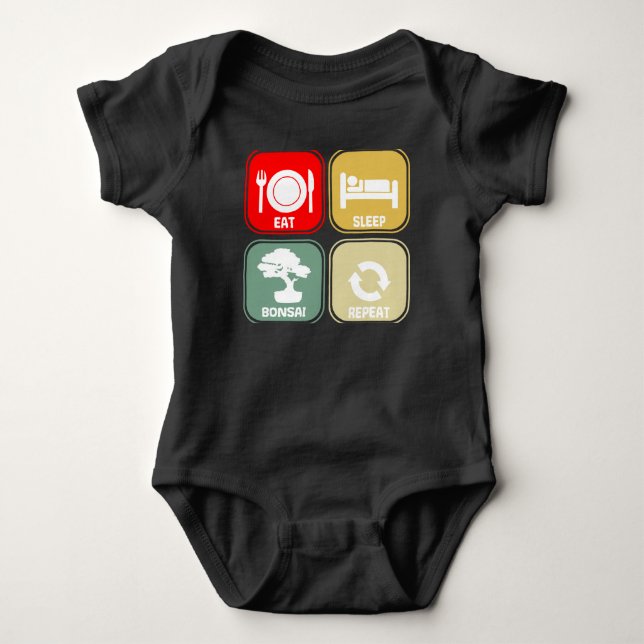 Funny Bonsai Tree Eat Sleep Repeat Baby Bodysuit (Front)