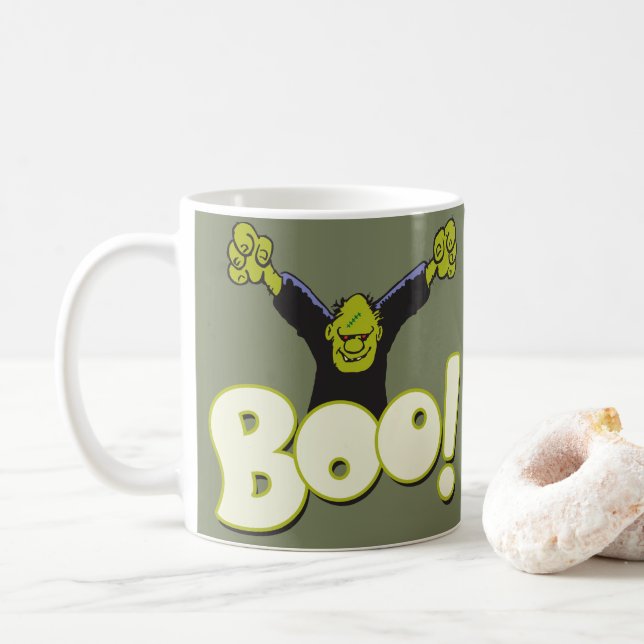 Funny BOO Frankenstein Monster Halloween Coffee Mug (With Donut)