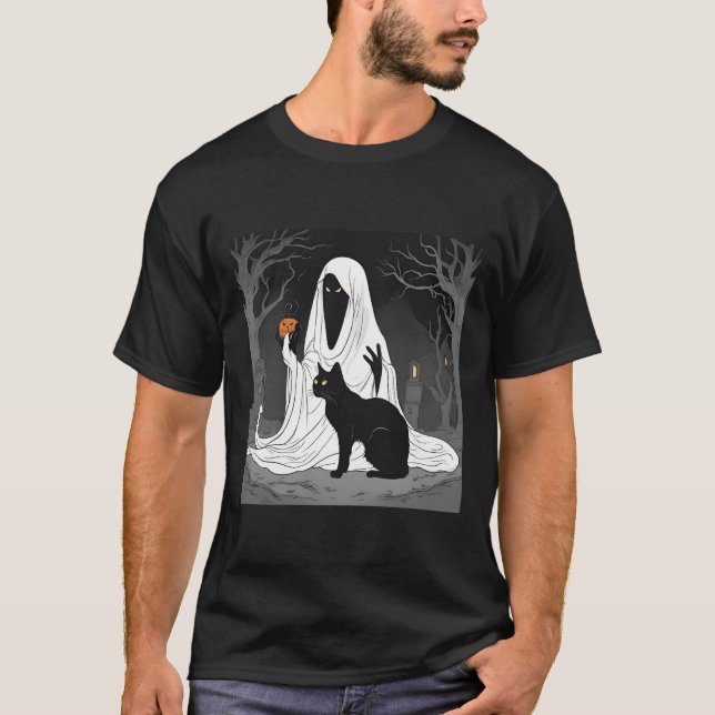 Funny Boo Ghost Black Cat Halloween Spooky 2024 T-Shirt (Front)
