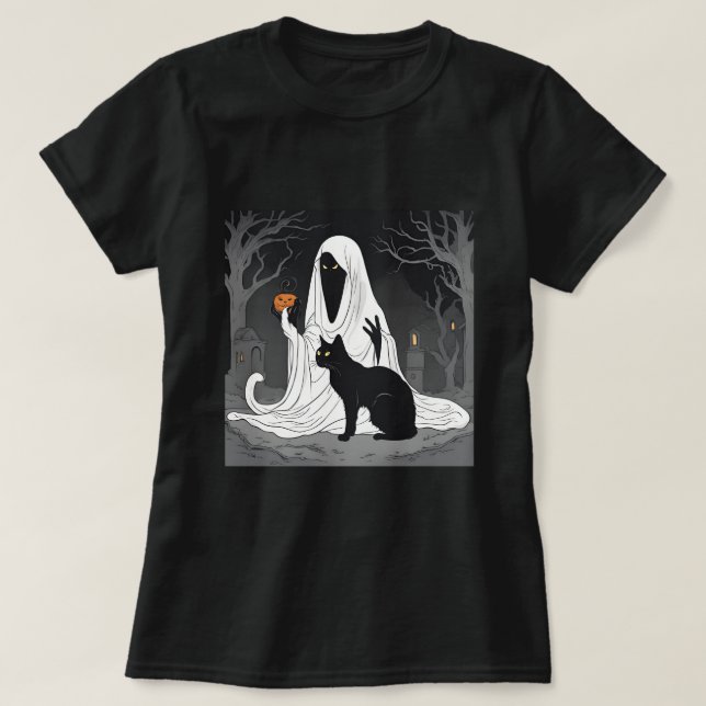 Funny Boo Ghost Black Cat Halloween Spooky 2024 T-Shirt (Design Front)