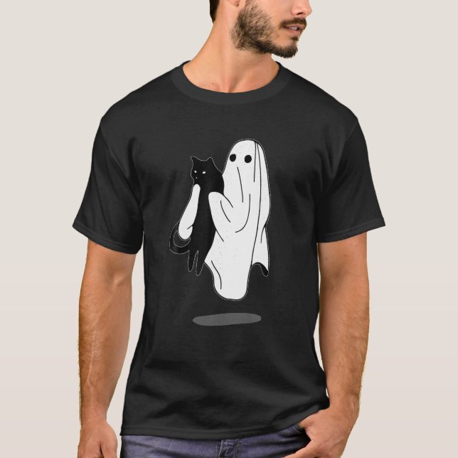 Funny Boo Ghost Holding Black Cat Halloween Spooky T-Shirt (Front)