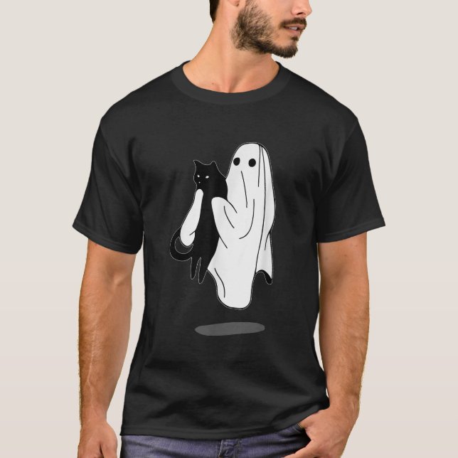 Funny Boo Ghost Holding Black Cat Halloween Spooky T-Shirt (Front)