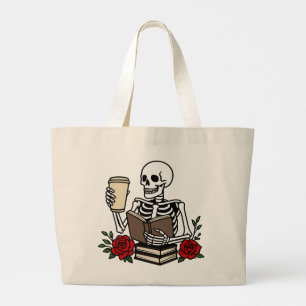 Funny Book and Coffee Lover Skeleton Red Floral Large Tote Bag