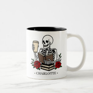 Funny Book and Coffee Loving Skeleton Floral  Two-Tone Coffee Mug