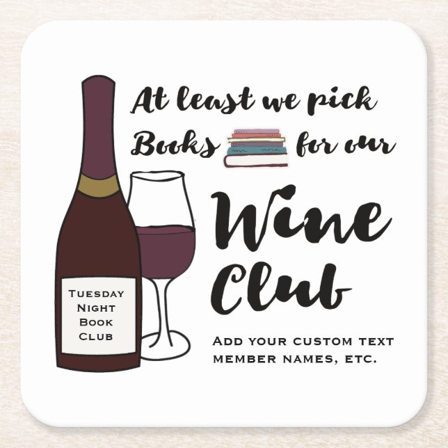 Funny Book Club | Drink Wine Club Girls Night Out Square Paper Coaster (Front)