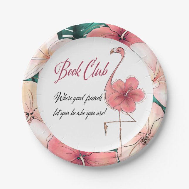 Funny Book Club Group Meeting Chic Pink Flamingo Paper Plate (Front)