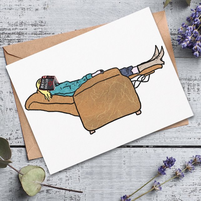 Funny Book Lover Chilling Collage Art Postcard (Funny woman asleep chilling with a book collage art greetings postcard )
