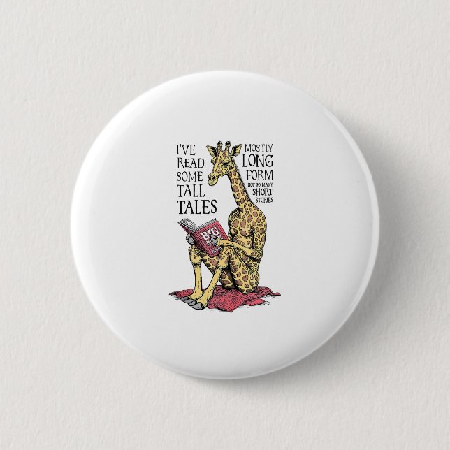Funny Book Lover Giraffe Long Form Tall Tales Read 6 Cm Round Badge (Front)