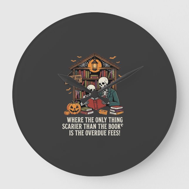 Funny Book Lover Halloween Skeleton Library Design Large Clock (Front)