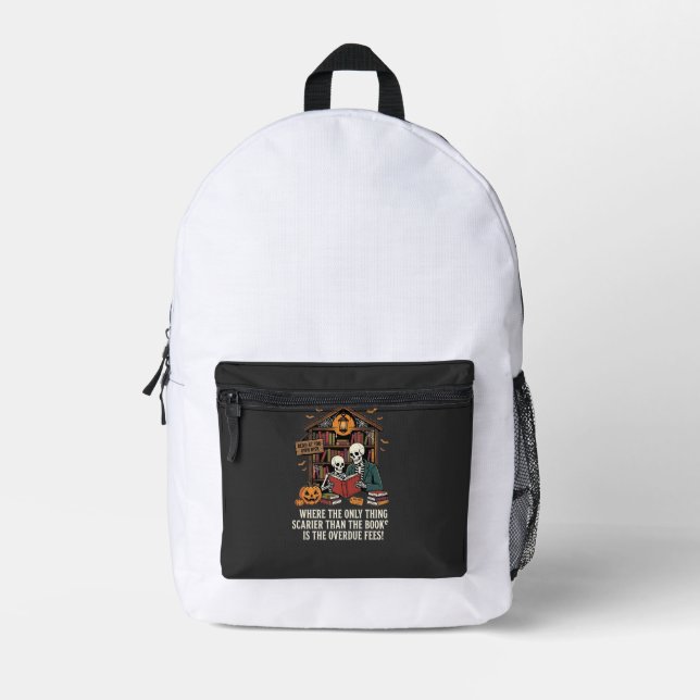 Funny Book Lover Halloween Skeleton Library Design Printed Backpack (Front)