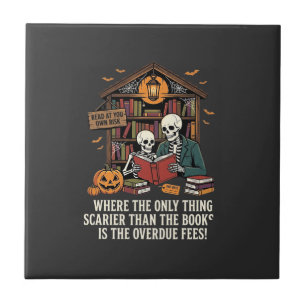 Funny Book Lover Halloween Skeleton Library Design Tile