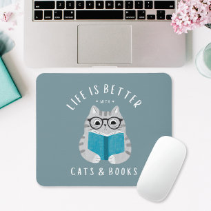Funny Book Lover Reading Cat Mouse Mat