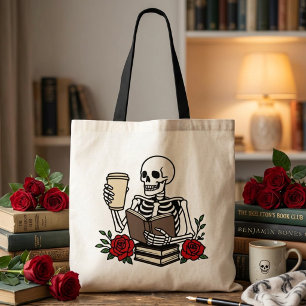 Funny Book Lover Skeleton Red Floral Tote Bag