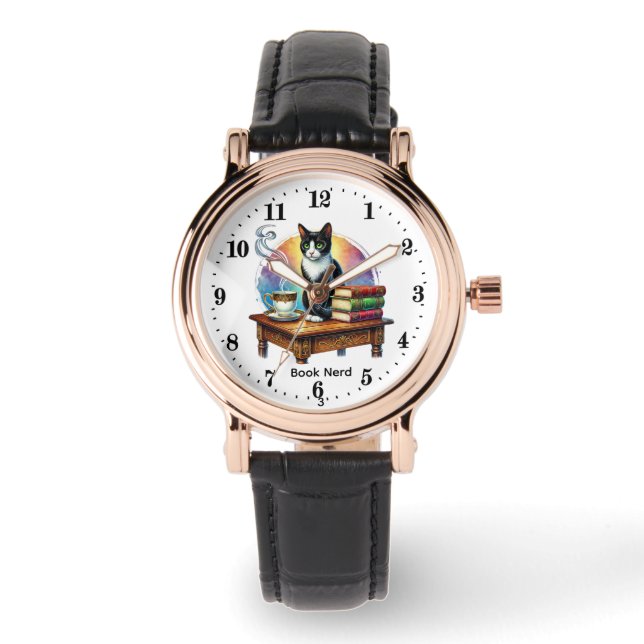Funny book nerd ladies cat customizable watch (Front)