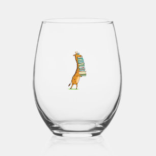 Funny Book Reading Giraffe I Love My Library Stemless Wine Glass