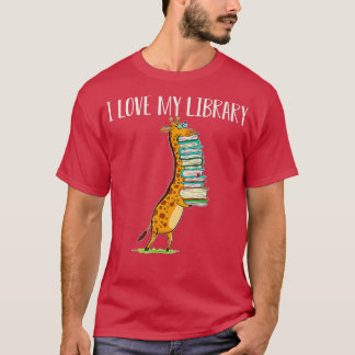 Funny Book Reading Giraffe I Love My Library  T-Shirt