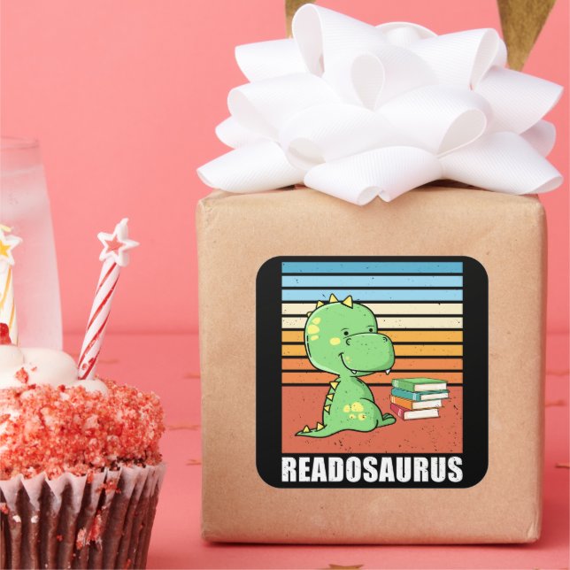 Funny Book Readosaurus Dinosaur Reading Dino Retro Square Sticker (Party)