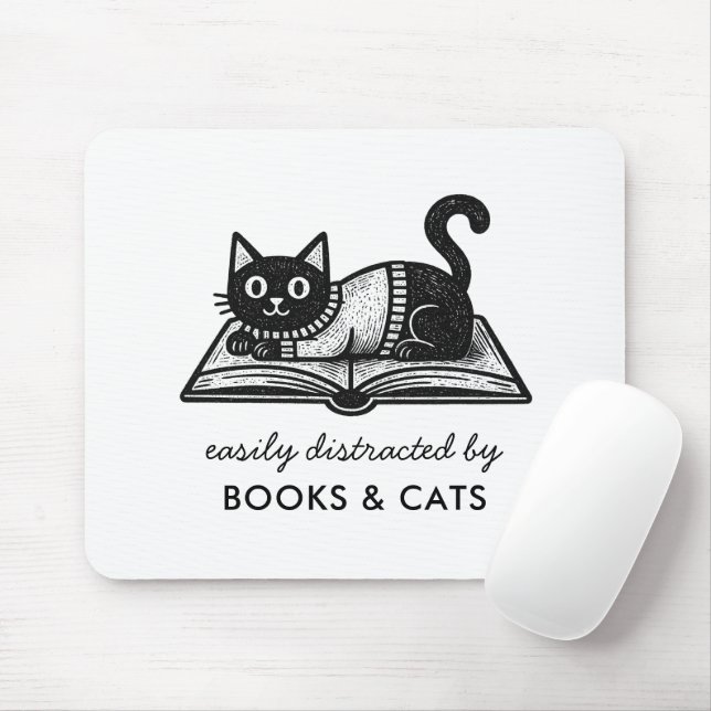 Funny Bookish Black Cat Book Lover Saying Mouse Mat (With Mouse)