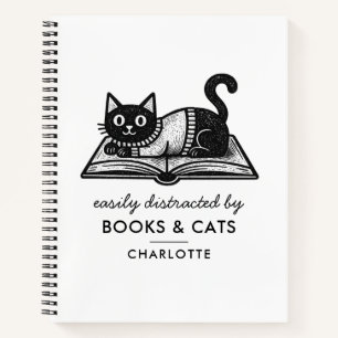 Funny Bookish Cat Book Lover Black White Notebook