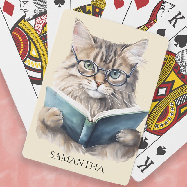 Funny Bookworm Cat Glasses Monogram Name Playing Cards (Bookworm cat playing cards personalized with your name
)