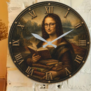 Funny Bookworm Mona Lisa Reading Lover Renaissance Large Clock
