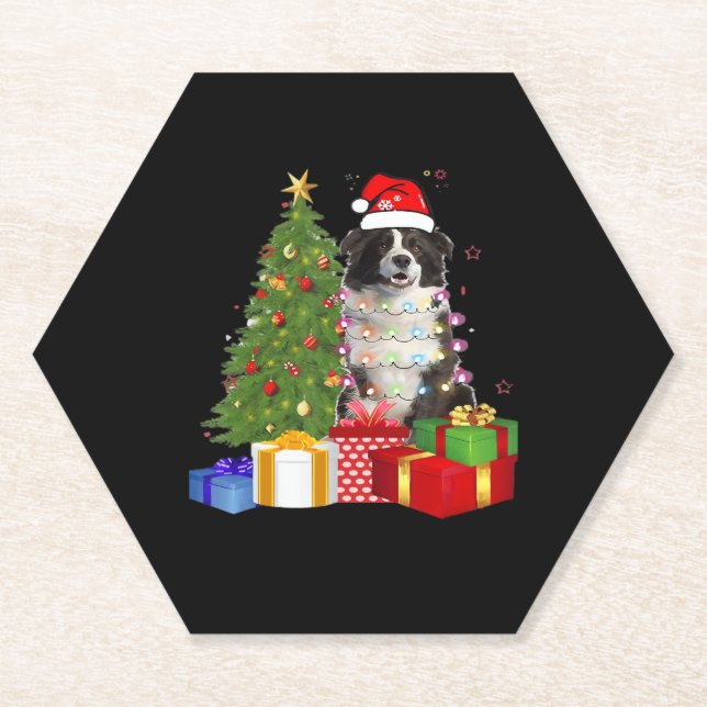 Funny Border Collie Christmas Tree Merry Christmas Paper Coaster (Front)