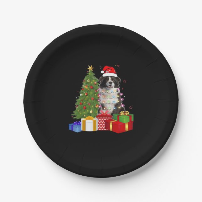 Funny Border Collie Christmas Tree Merry Christmas Paper Plate (Front)