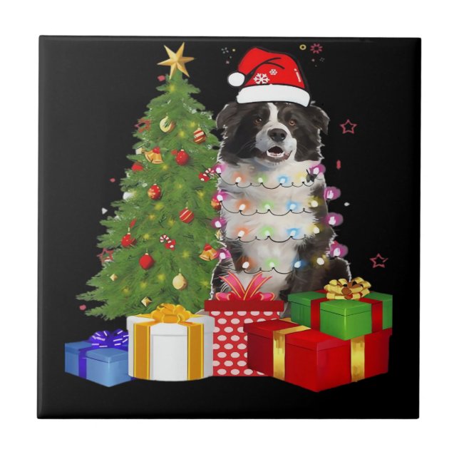 Funny Border Collie Christmas Tree Merry Christmas Tile (Front)
