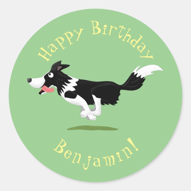 Funny Border Collie dog running cartoon Classic Round Sticker (Front)