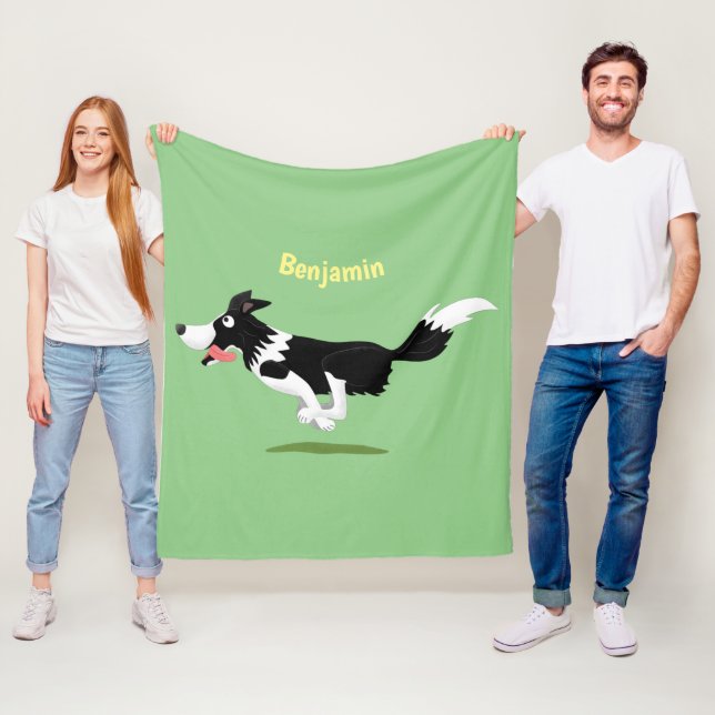 Funny Border Collie dog running cartoon Fleece Blanket (In Situ)