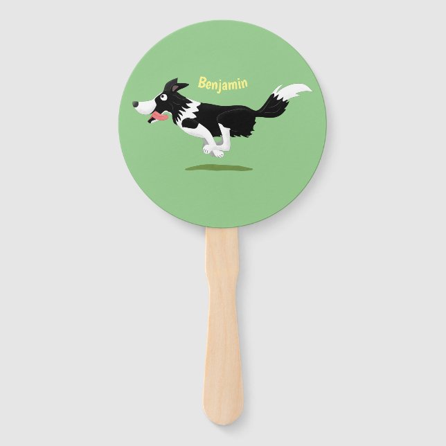 Funny Border Collie dog running cartoon Hand Fan (Front)
