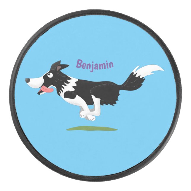Funny Border Collie dog running cartoon Hockey Puck (Front)