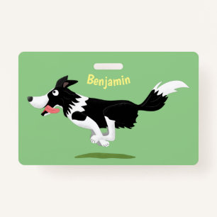 Funny Border Collie dog running cartoon  ID Badge