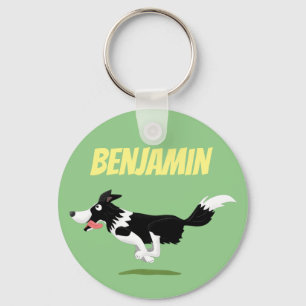 Funny Border Collie dog running cartoon Key Ring