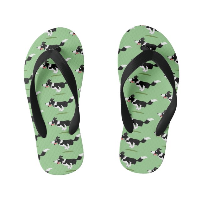 Funny Border Collie dog running cartoon Kid's Flip Flops (Footbed)