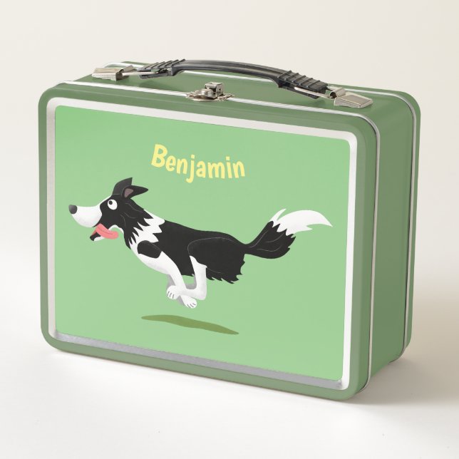 Funny Border Collie dog running cartoon Metal Lunch Box (Front)