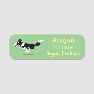Funny Border Collie dog running cartoon Name Tag