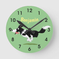 Funny Border Collie dog running cartoon Round Cloc