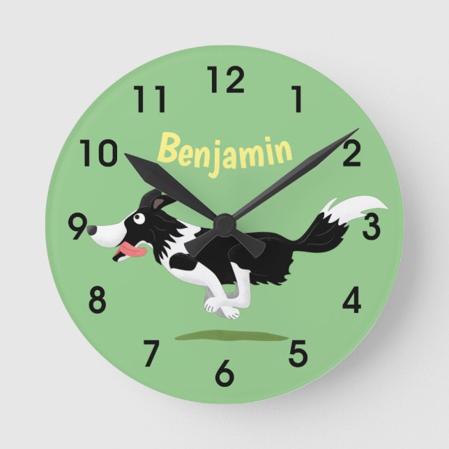 Funny Border Collie dog running cartoon Round Cloc Clock (Front)