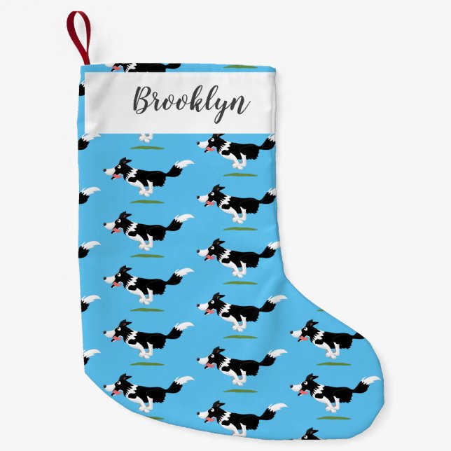 Funny Border Collie dog running cartoon  Small Christmas Stocking (Front)