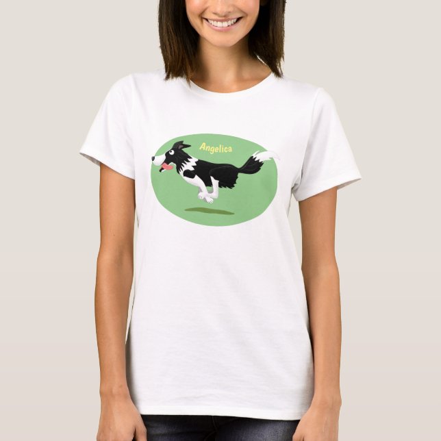 Funny Border Collie dog running cartoon T-Shirt (Front)