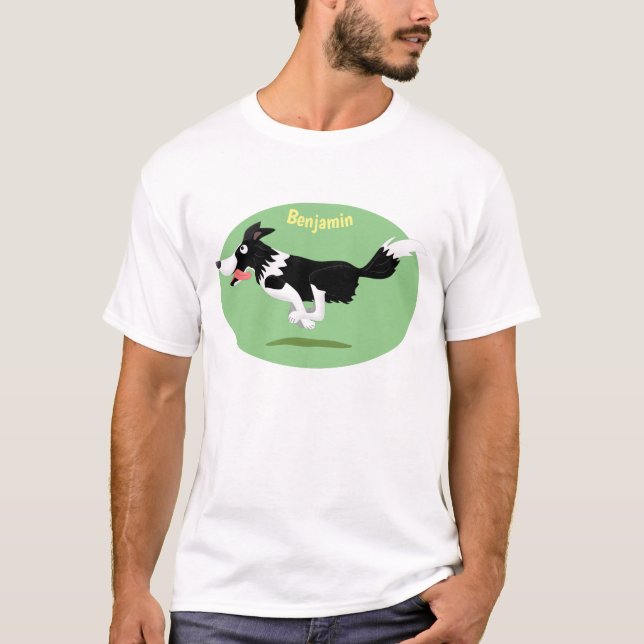 Funny Border Collie dog running cartoon T-Shirt (Front)