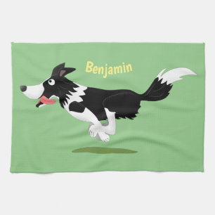 Funny Border Collie dog running cartoon Tea Towel