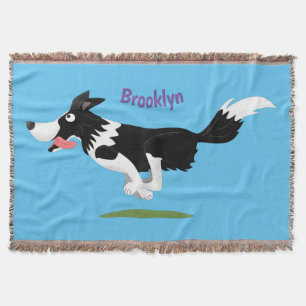 Funny Border Collie dog running cartoon Throw Blanket