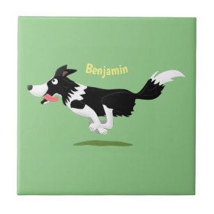 Funny Border Collie dog running cartoon Tile