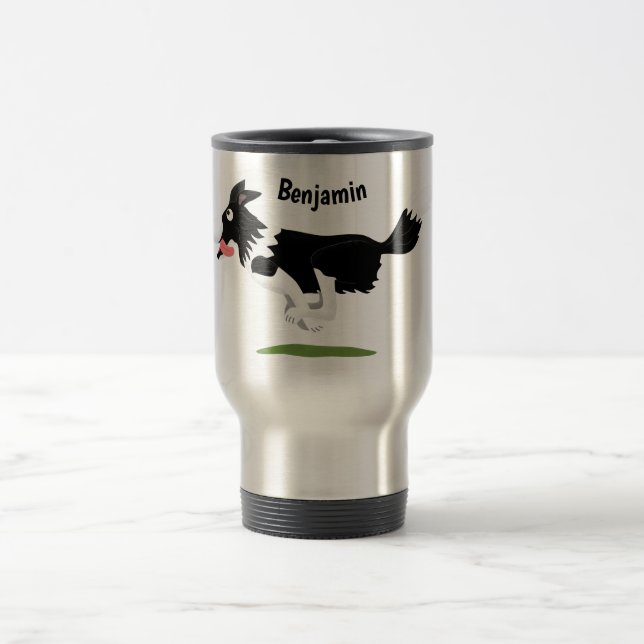 Funny Border Collie dog running cartoon Travel Mug (Center)