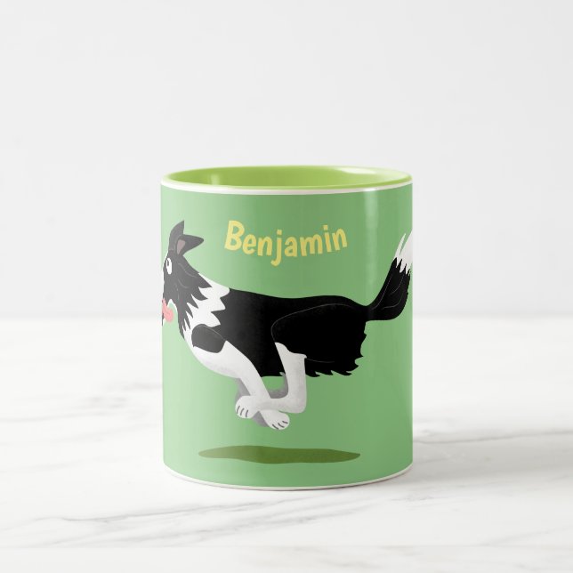Funny Border Collie dog running cartoon Two-Tone Coffee Mug (Center)